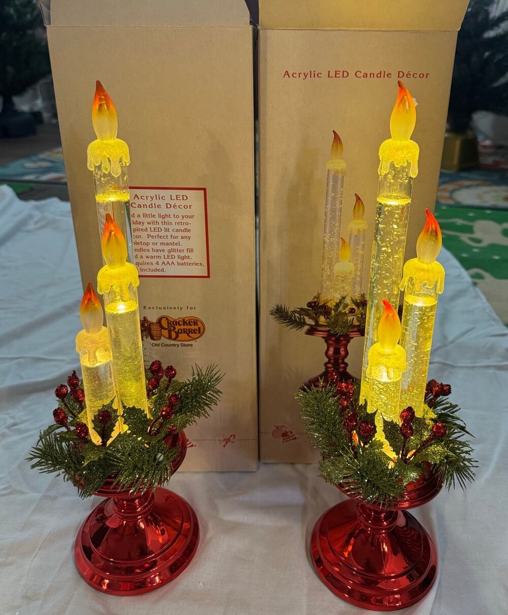 Cracker Barrel Acrylic LED Candle Decor Set of 2 Christmas Red Pedestal Tested